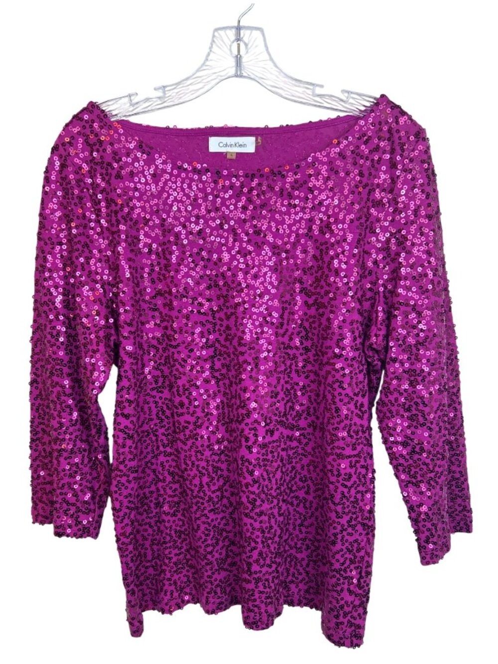 Calvin Klein Sequin Top Women's L Magenta Pink 3/4 Sleeve Sparkle Going Out